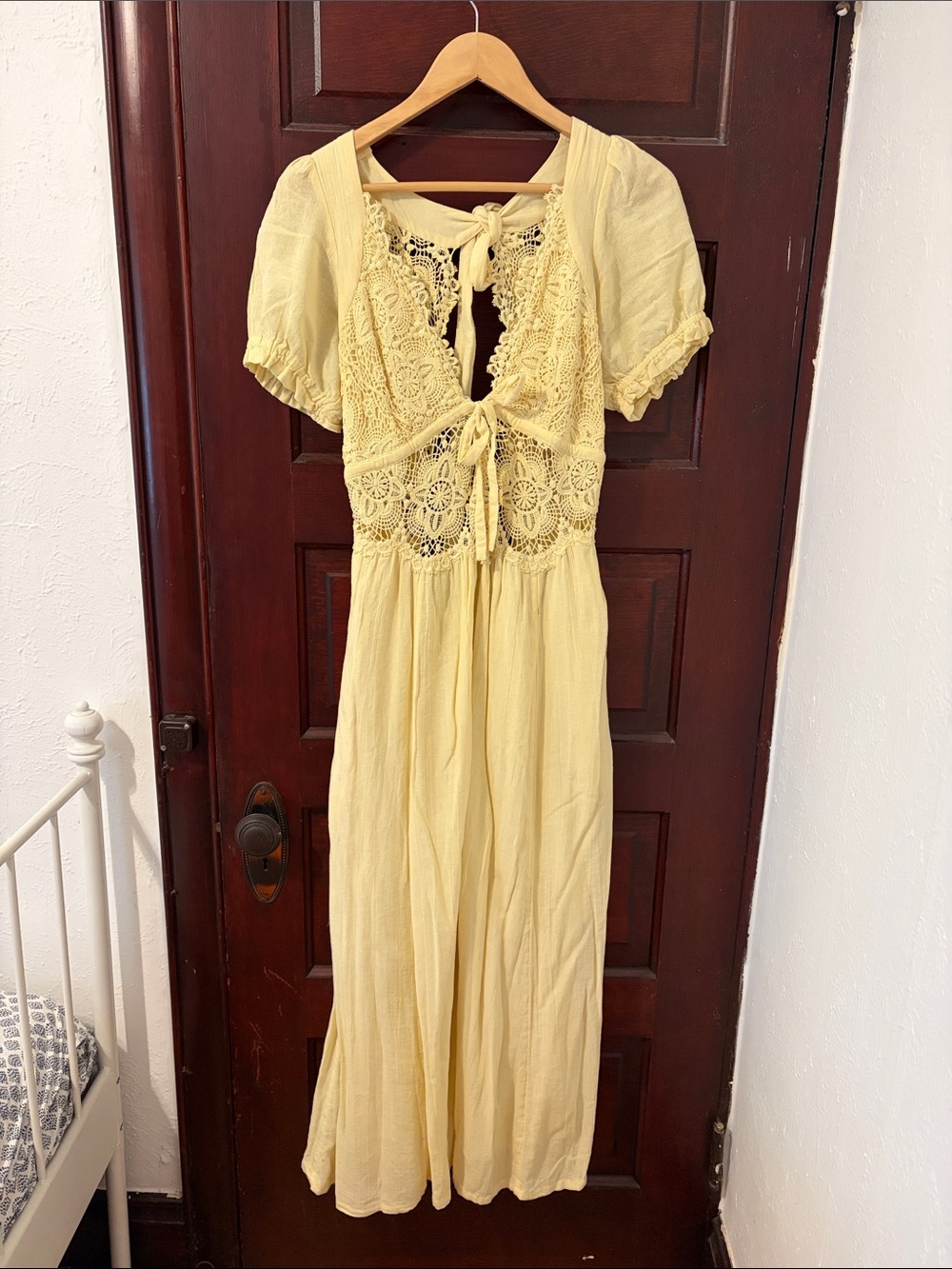 Free People Pale Yellow Crochet-Front Maxi Dress